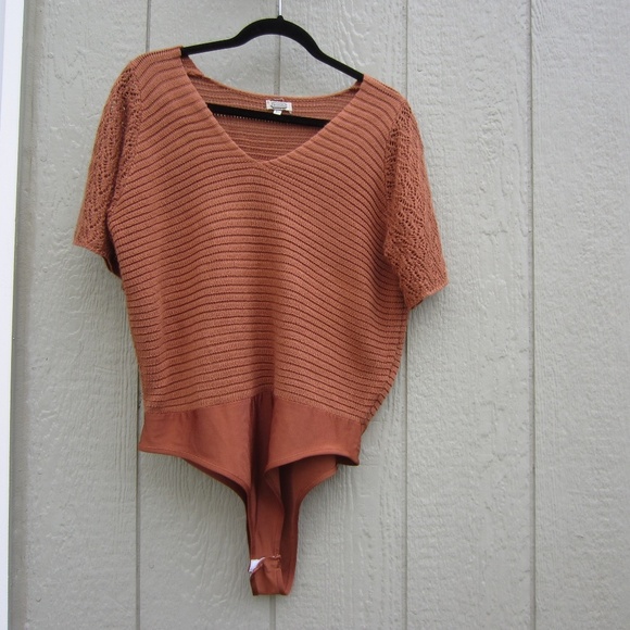 Gimmick by BKE Bodysuit XL Copper Rust Boho Knitted Sweater Cochet Comfy - Picture 4 of 16